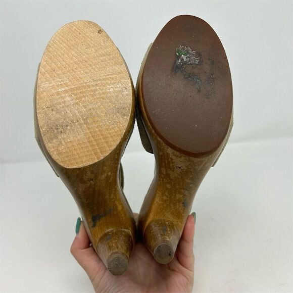 Coclico Women's Green T-Strap Peep Toe Pumps Size 39 Wood Platform Back Zipper - Picture 9 of 12